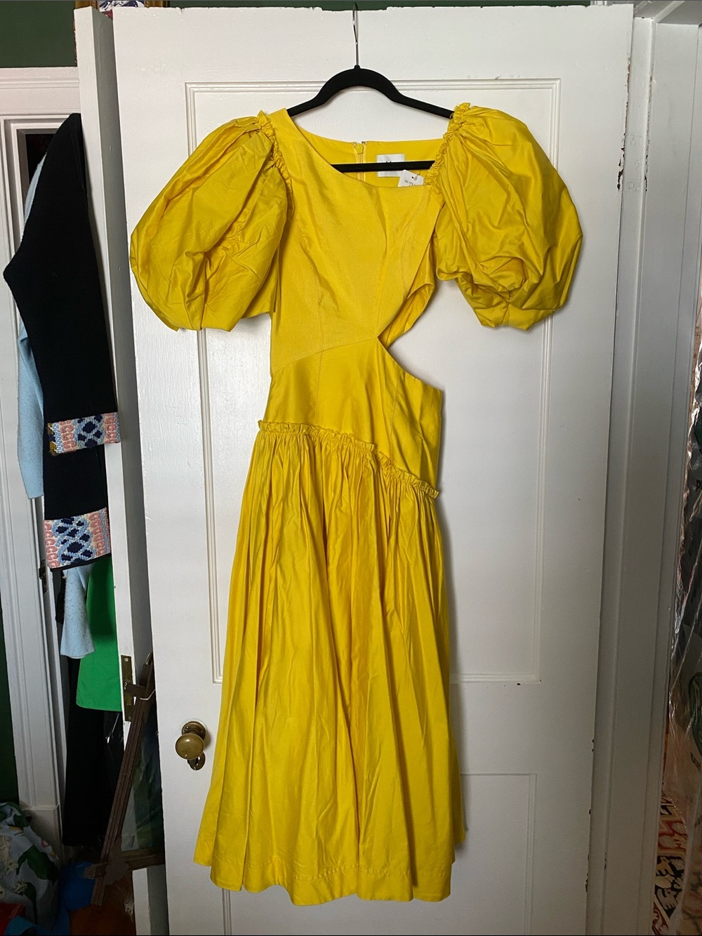 Aje Yellow Puff-Sleeve Cutout Midi Dress